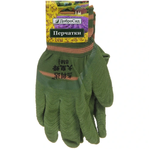 Перчатки нейлоновые "Полоска" с резиновым покрытием полуоблитые, зеленые 8 р-р ДоброСад