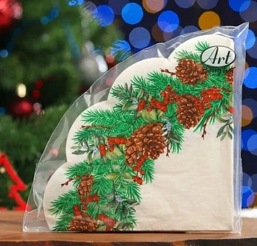 Салфетки бумажные круглые RONDO Новогодний венок, d32см, 3 сл., 12л