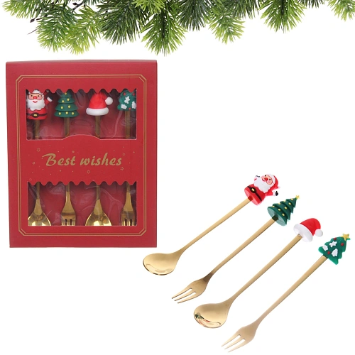 Набор для десерта Дед Мороз и Ёлка 4предмета (2ложки+2вилки) в подарочной коробке,золото_3