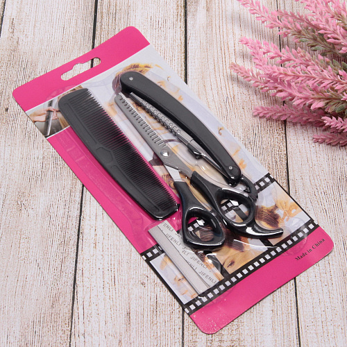 Набор для стрижки волос Barber, ножницы филировочные, расческа и станок для бритья_4