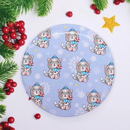 Зеркало косметическое круглое КОЛЛЕКЦИЯ МАРЦИПАН, новогодние котики, d-7,5см (пакет с подвесом)_5