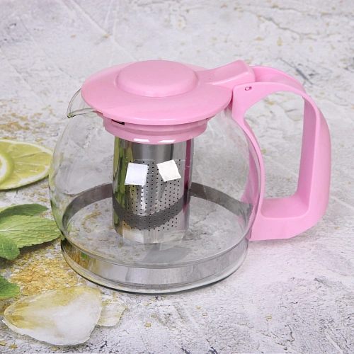 Чайник заварочный стеклянный 1200 мл с металлическим ситом Mаcarons розовый_3