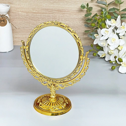 Зеркало настольное в пластиковой оправе "Версаль - Круг", цвет золото, двухстороннее, 24см. 