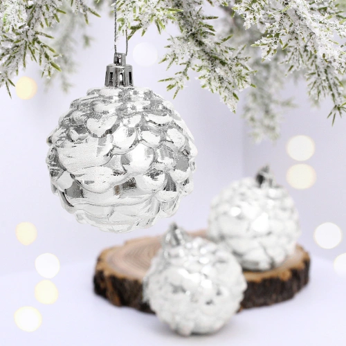 Ёлочные игрушки "Шишки нарядные" 6 см (набор 3 шт), серебро/белый