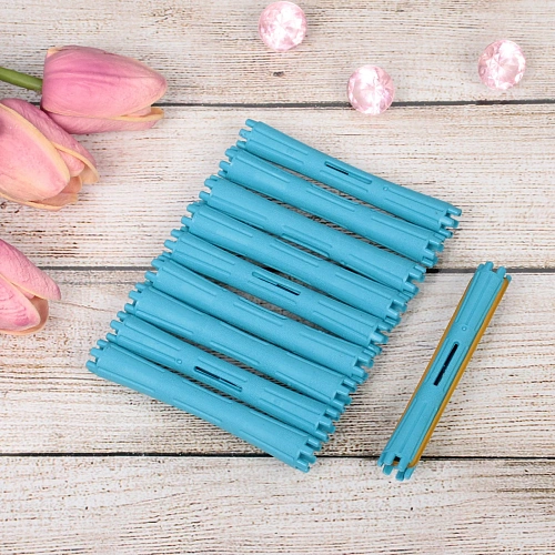 Бигуди пластмассовые-коклюшки с резинками 10шт d-12см KUDRI, цвет голубой, (прозрачный пакет с подвесом)_4