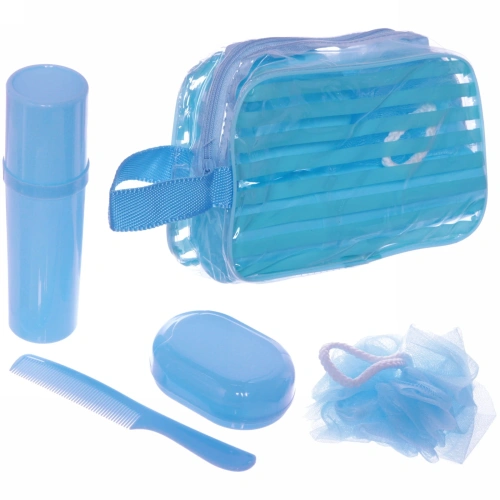 Набор банный дорожный 4шт "Traveler - Полоска", микс 2 цв., (мочалка, футляр 2шт, расческа), 21*12*7см