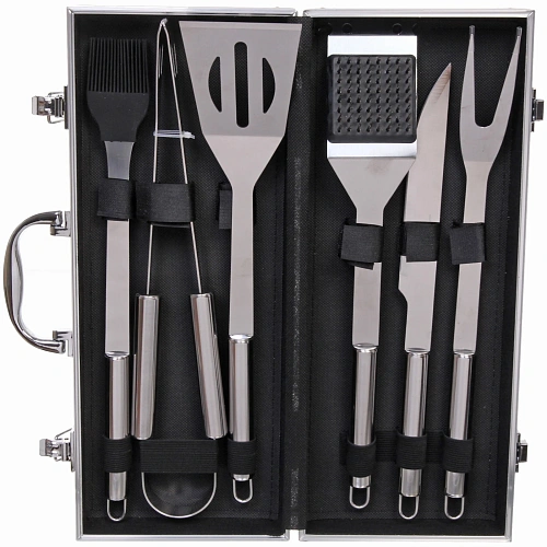 Набор для барбекю из 6 предметов в кейсе LX-0036 щипцы, вилка, лопатка, нож, кисточка кулинарная, щетка-скребок_3