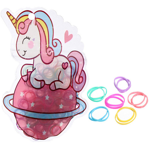 Резинки для волос детские силиконовые 200шт "ФРАТТИ БУМ", Единороже с сердечком, 17.5*12см