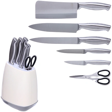 Набор ножей "SHEF" 7предметов (5ножей+ножницы+подставка), молочный