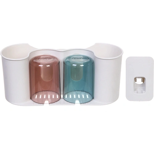 Подставка для умывальных принадлежностей Универсальная 2 стакана +дозатор для зубной пасты 6293-2_3