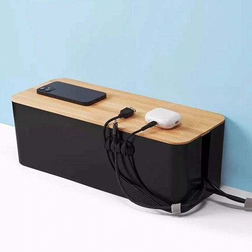 Органайзер для проводов с бамбуковой крышкой ДОМАНИЯ, цвет чёрный, для удлинителей на 5 розеток, 321313,5см_5