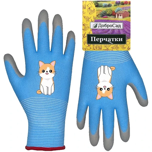 Перчатки нейлоновые "Little gardener-Котик" с полиуретановым покрытием полуоблитые, голубые M р-р ДоброСад