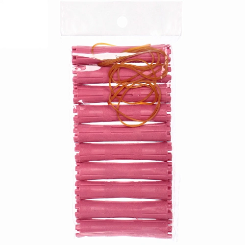 Бигуди пластмассовые-коклюшки с резинками 10шт d-18см KUDRI, цвет розовый, (прозрачный пакет с подвесом)_5