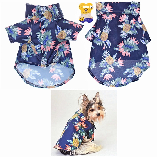 Рубашка для собак и кошек малых и средних пород "СТИЛЬНЫЙ БРО", цвет синий, принт ананасы с цветами, размер S