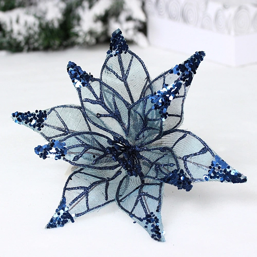 Украшение новогоднее "Пуансеттия - Искристый цветок" 20 см, Сапфир
