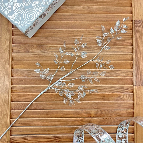 Ветка декоративная "Сияющие листья" 65 см, Серебро